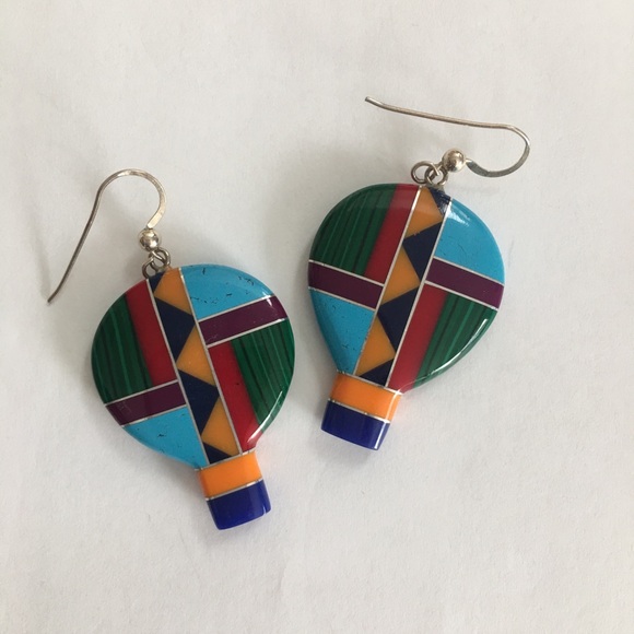 Navajo inlay style balloon sterling silver earrings - Picture 2 of 4